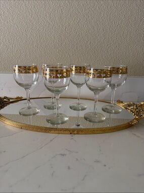 Mid Century Culver Valencia 22 ct Gold Filigree Band Wine Glasses set of 6